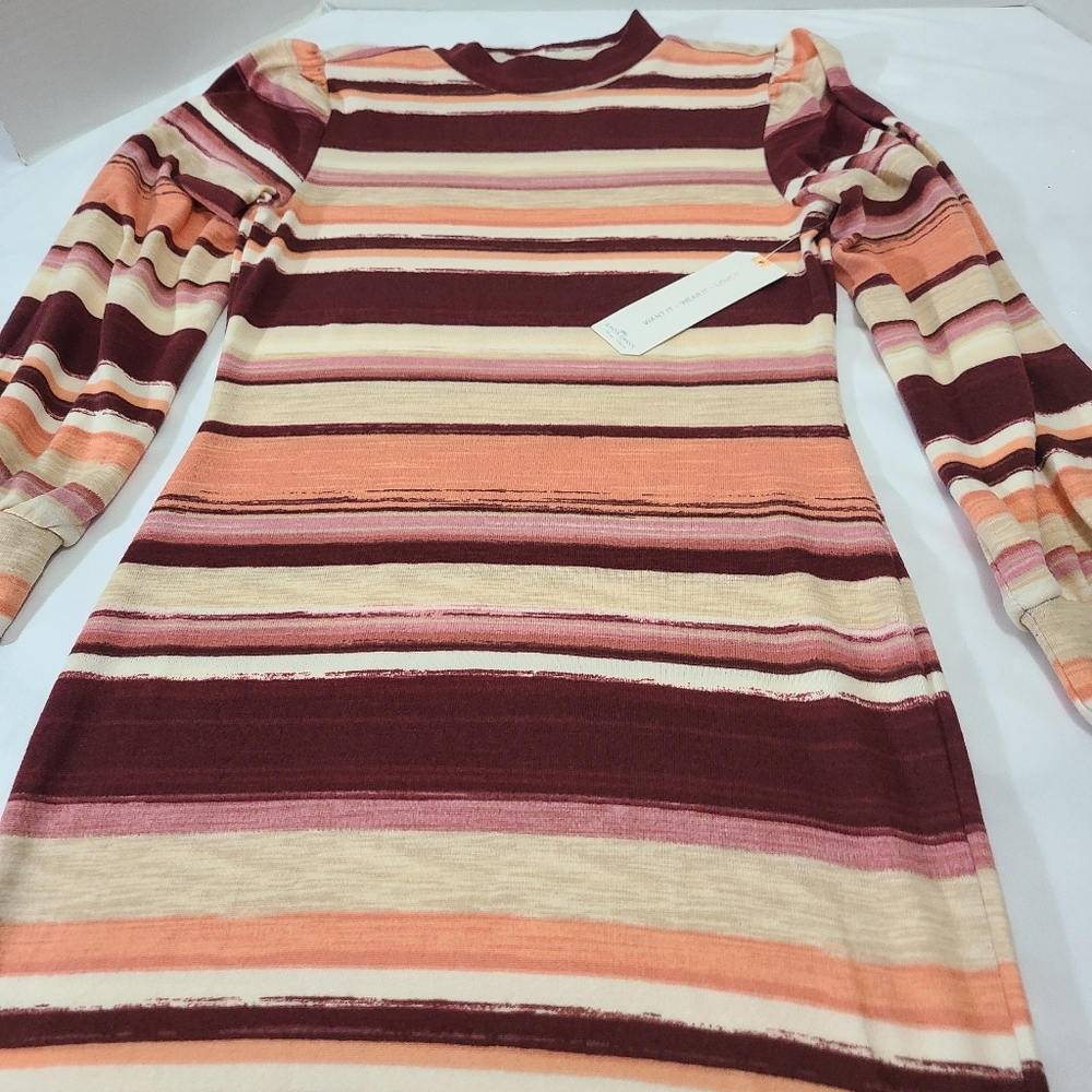 Almost Famous Womens PinkMaroonTan Stripped Bishop Sleeve Sweater Dress XL - Picture 4 of 10